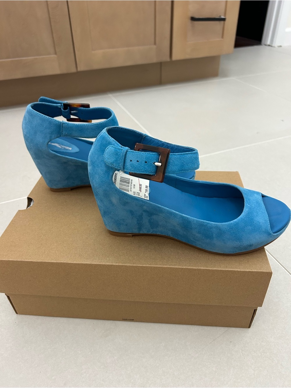 Johnston & Murphy Teal Suede Wedge Peep-Toe Sandals with Buckle Strap